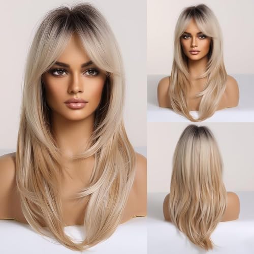 testar Blonde Ombre Perücken Für Frauen Lange Gerade Perücken Mit Air Bangs Synthetische Hitzebes...